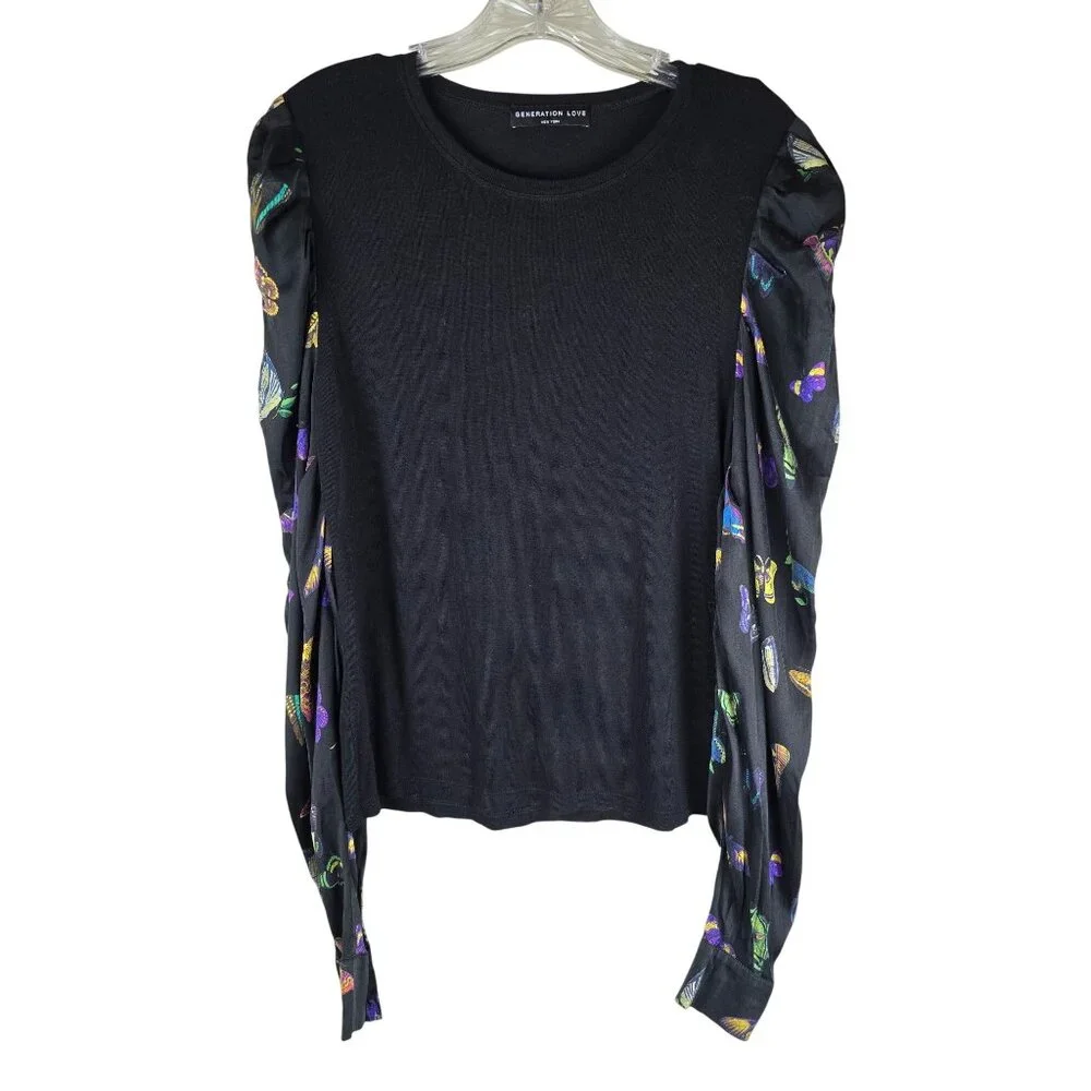 Generation Love Black Top W/ Butterfly Print Puff Silk Sleeves‎ Whimsigoth